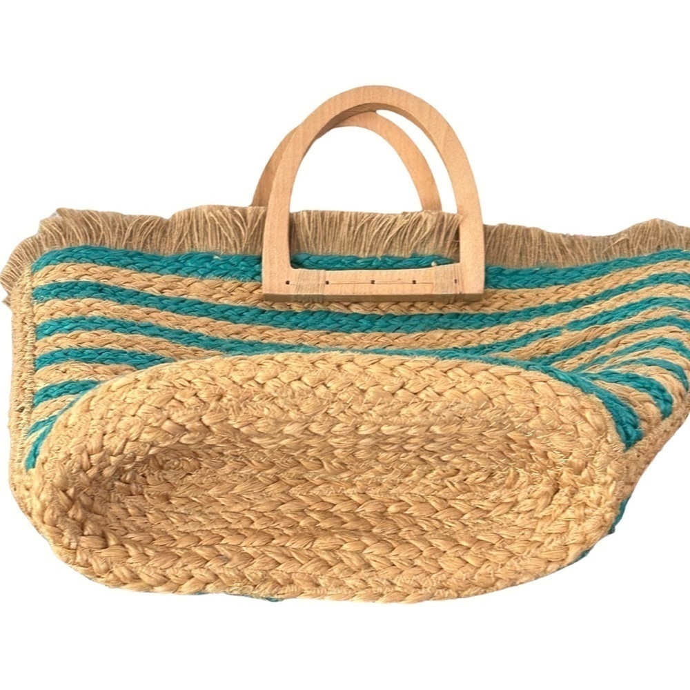 ANTIK KRAFT Hashree Wicker Jute Blue Stripes Tote Bag Wooden Handles Beach Bag - Picture 11 of 16
